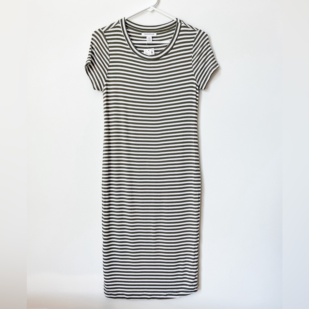 Motherhood Maternity Striped Rib Knit Midi Dress Olive Green Small Casual